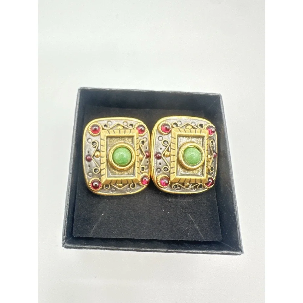 Vintage Michal Golan Statement Earrings Green Red Jeweled Gold Tone Signed